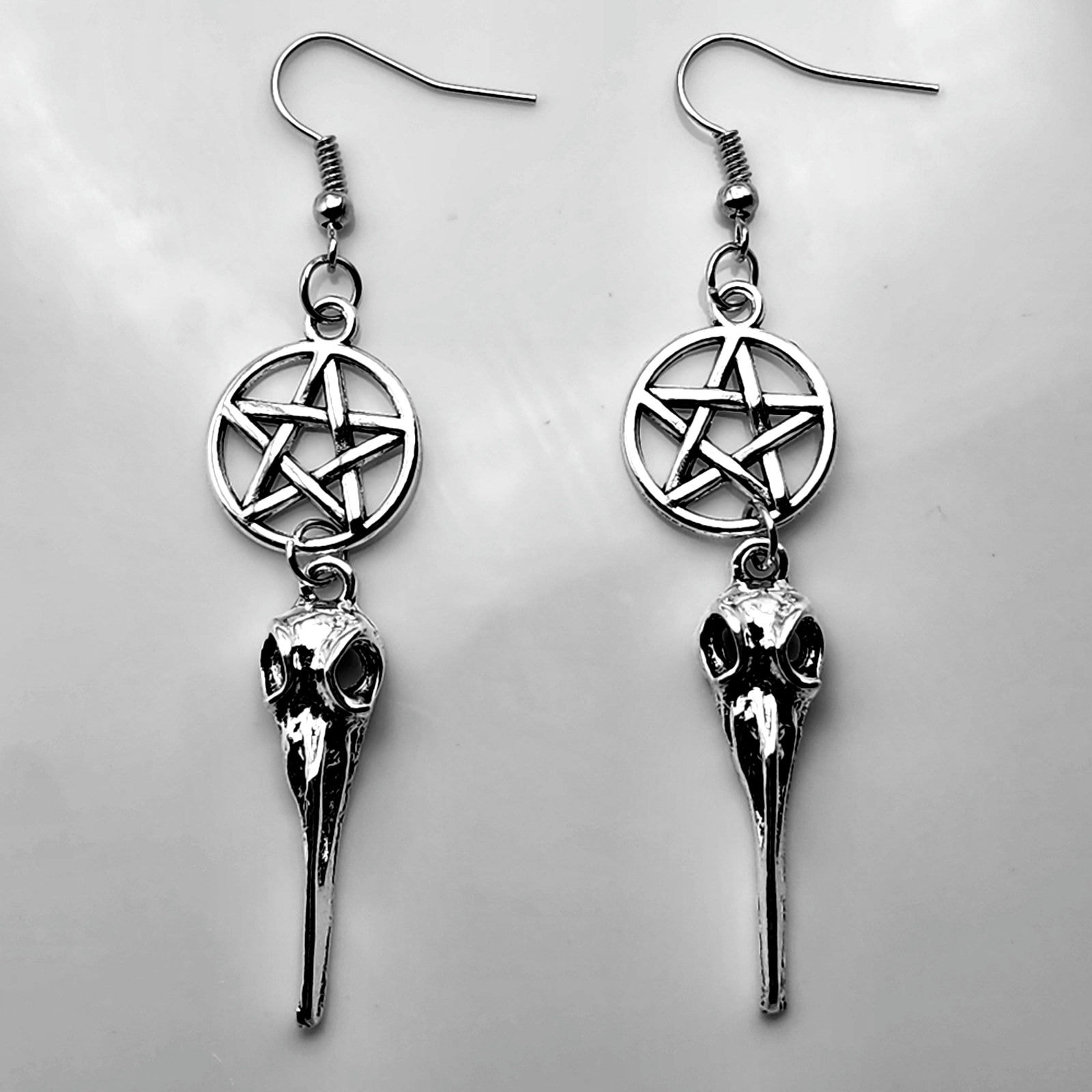 Midnight Augury Silver Pentacle Goth Bird Skull Earrings